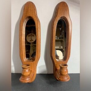 Vintage Home Interiors oak wood mirrored candle stick wall sconces set of 2